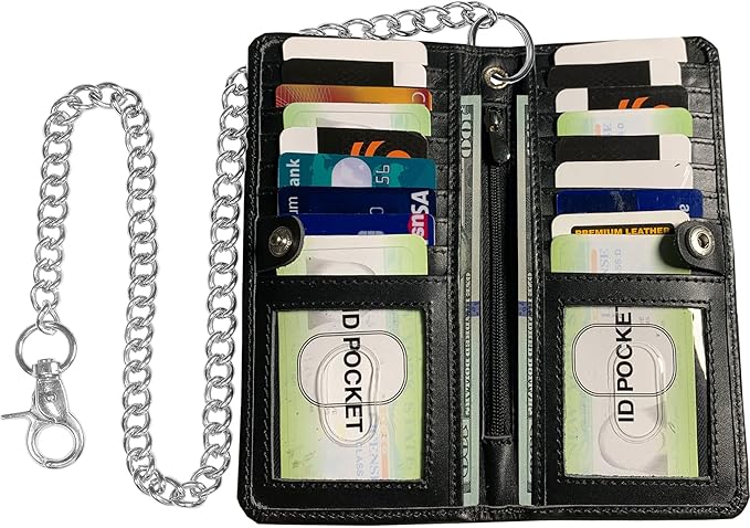CLASSIC Motorcycle Chain Wallet for Men – Premium Cowhide Leather, RFID Bi-Fold Biker Wallet with Heavy Duty Chain for Bikers Truckers & Hunters, Credit Card Money Organizer Long Wallet Ostrich Black