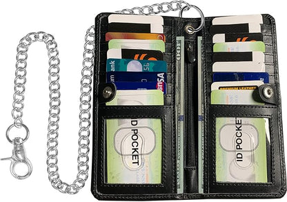 CLASSIC Motorcycle Chain Wallet for Men – Premium Cowhide Leather, RFID Bi-Fold Biker Wallet with Heavy Duty Chain for Bikers Truckers & Hunters, Credit Card Money Organizer Long Wallet Ostrich Black