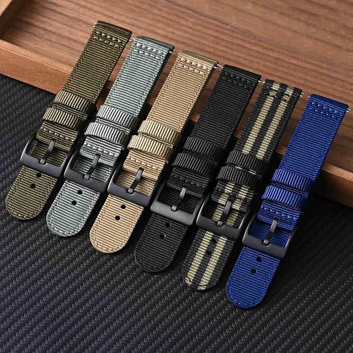 BISONSTRAP Men’s Nylon Watch Bands, Two-Piece Military Watch Straps, Quick Release, Brushed Buckle, Band Width 18mm 19mm 20mm 22mm