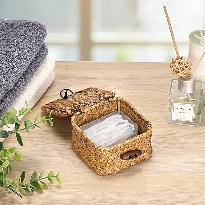 Hipiwe Handwoven Wicker Basket with Lid Desk Organizer for Remote Control Key Glass Coffee Color Seagrass Box for Decoration, Caramel Color 3.5" x 3.5" x 2"