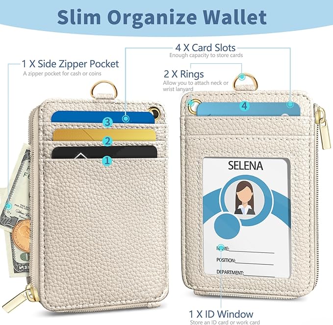 Lanyard Wallet with Id Badge Holder, White RFID Small Keychain Wallet Women Wristlet, Minimalist Zipper Credit Card Holder Phone Wrist Neck Strap for Key Name Tag, Teacher Student Office Gift