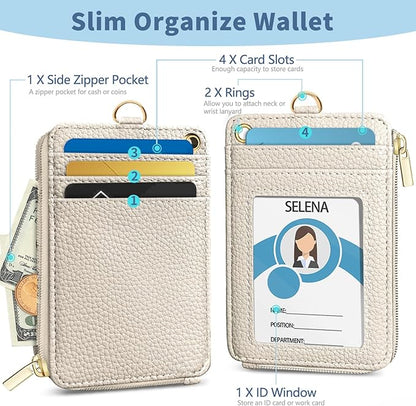Lanyard Wallet with Id Badge Holder, White RFID Small Keychain Wallet Women Wristlet, Minimalist Zipper Credit Card Holder Phone Wrist Neck Strap for Key Name Tag, Teacher Student Office Gift