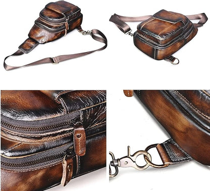 Le'aokuu Men Outdoor Casual Travel Hiking Tea Crossbody Chest Sling Bag Rig One Shoulder Strap Bag Backpack Men Leather