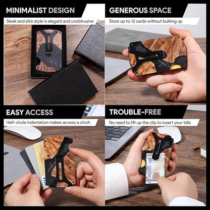 Wallet for Men, Minimalist Slim RFID Blocking Resin Wood Credit Card Holder with Money Clip, Easily Removable Cash&Card Metal Wallet,Resin River,Natuarl Walnut Wood,Unique Pattern,Gift for Men