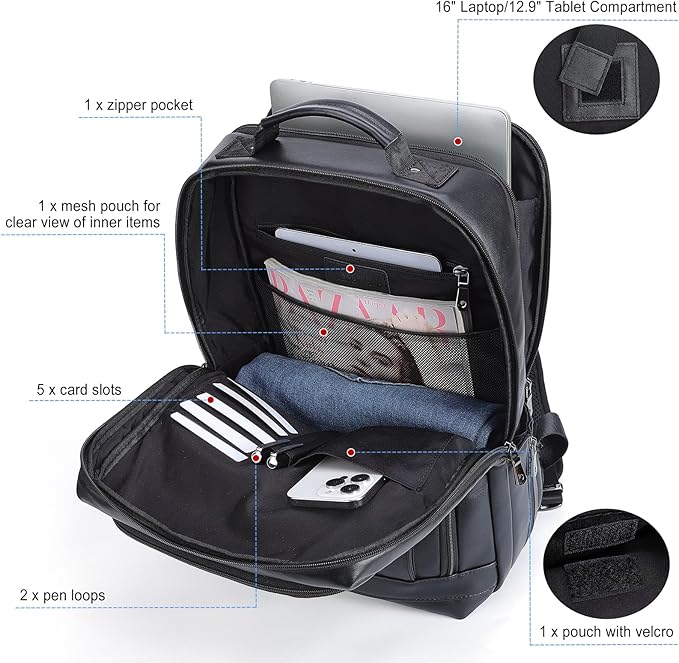 Masa Kawa Black Leather Laptop Backpack for Men Fits 16” 15.6” Computer, Business Travel Work Large Daypack Camping Weekender Bag
