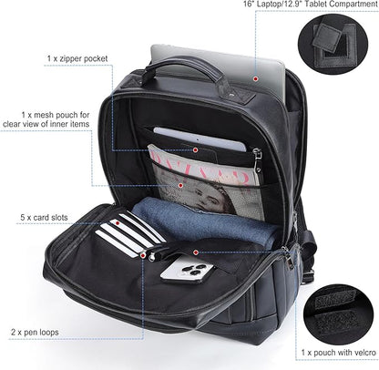 Masa Kawa Black Leather Laptop Backpack for Men Fits 16” 15.6” Computer, Business Travel Work Large Daypack Camping Weekender Bag