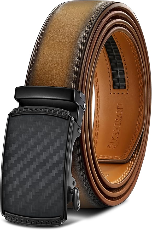 KEMISANT Men Belt Ratchet Click Belt Genuine Leather Adjustable For Men Golf Dress Casual Jeans 1 3/8-Cut For Fit