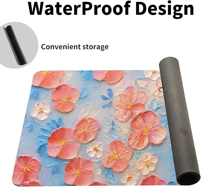 Oil Painting Flowers Desk Mat for Women, Large PU Leather Desk Pad with Non-Slip Base, Aesthetic Office Keyboard Cover for Gaming & Home Work, Artistic Desk Decor (31.5 * 15.75in)