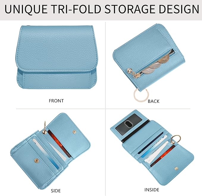 Women Small Wallet RFID Blocking Slim Wallet with Coin Pocket Tri-Fold Credit Card Holder with ID Window and Keychain (Blue)