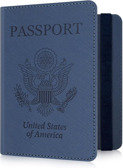 RSAquar Passport Holder for Women and Men, Premium PU Leather Travel Passport Wallet RFID Blocking Passport Cover Travel Documents Organizer (JD-Blue)