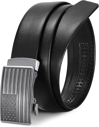 SANSTHS Mens Ratchet Belts Leather 1 3/8" for Men Dress and Casual, Adjustable Click Belts with American Flag Buckles