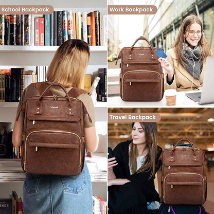 LOVEVOOK Leather Laptop Backpack for Women 18 inch,Travel Backpack Purse Nurse Teacher Computer Bag,Professional College Business Work Bags Carry On with USB Port,Red Brown