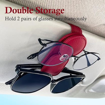 KIWEN 2 Pack Sunglasses Holder for Car Visor, Magnetic Leather Sunglass Eyeglass Hanger Clip for Car Sun Visor Accessories (2, Red)