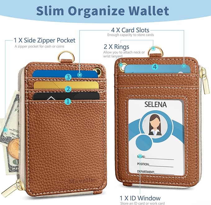 Lanyard Wallet with Id Badge Holder, Brown RFID Small Keychain Wallet Women Wristlet, Minimalist Zipper Credit Card Holder Phone Wrist Neck Strap for Key Name Tag, Teacher Student Office Gift