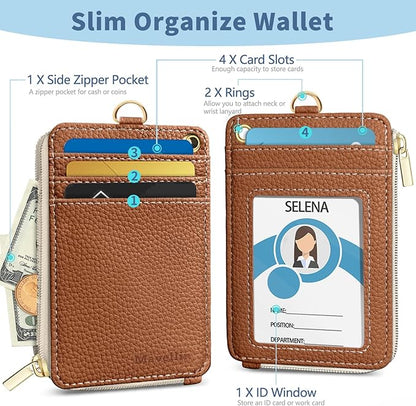 Lanyard Wallet with Id Badge Holder, Brown RFID Small Keychain Wallet Women Wristlet, Minimalist Zipper Credit Card Holder Phone Wrist Neck Strap for Key Name Tag, Teacher Student Office Gift