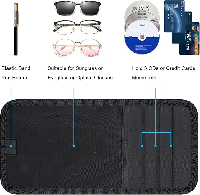 Wisdompro Car Sun Visor Organizer, Auto Storage Pouch with 3 CD Sleeves, Pen Holder, Strap & Pocket for Sunglass, Document, Card -Black