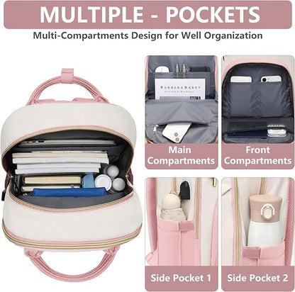 Laptop Backpack for Women Work Bag - 15.6 inch Travel Backpack Purse with USB Charger College Bookbag Waterproof Cute Casual Daypack Fashion Business Computer Backpacks for Teacher Nurse Pink Beige