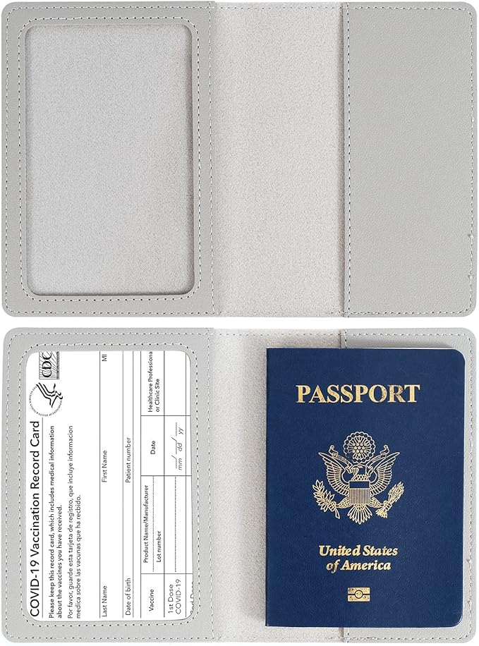 2 Pack Passport covers and Vaccine Card Holder PU Leather Passport Wallet Vaccine Case Protector Slot Travel Passport Wallets for Women & Men(D-Grey&blue)