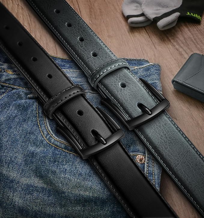 BULLIANT Men Belt 2Pack-Leather Belt 7Holes Comfortable For Men's Dress Casual Jeans 1 3/8"