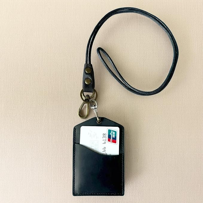 Badge Holder Vertical Handmade Leather ID Card Badge Holder Keychain with Heavy Duty Lanyard for Men Women (Black Leather)