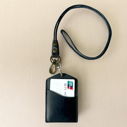 Badge Holder Vertical Handmade Leather ID Card Badge Holder Keychain with Heavy Duty Lanyard for Men Women (Black Leather)