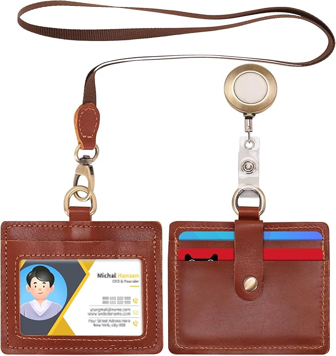 Wonderpool Leather Horizontal Badge Holder with Detachable Neck Lanyard and Retractable Badge Reel Clip, Card Slots Case ID Card Holder for ID Badges Card and Driver Licence (Red Brown)