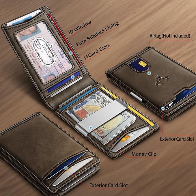 BULLIANT Men Wallet Airtag&Standard Use,Slim Front Pocket Wallet Money Clip for Gifg Men RFID Blocking 11Cards