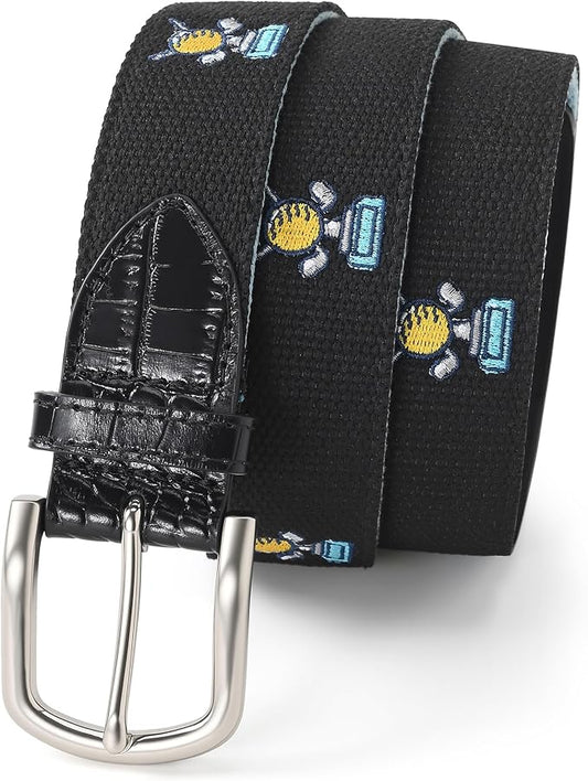 Mile High Life Golf Belts for Men, Canvas Belt with Genuine Leather Tips, Embroidered 2 Layer Web Belt with Pin Buckle