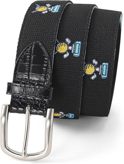 Mile High Life Golf Belts for Men, Canvas Belt with Genuine Leather Tips, Embroidered 2 Layer Web Belt with Pin Buckle