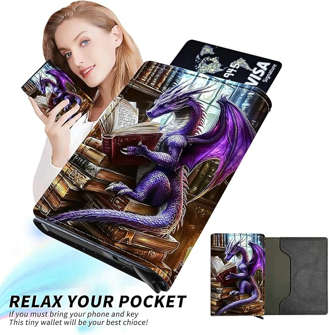 Minimalist Wallet for Men's Card Holders, Pop-Up Card Case Durable Wallets for Women, Leather Automatic Credit Card Holder with Metal Money Clip RFID Blocking Bifold Pocket, Purple Dragon Book