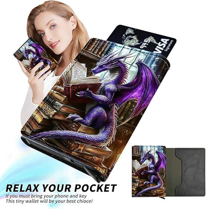Minimalist Wallet for Men's Card Holders, Pop-Up Card Case Durable Wallets for Women, Leather Automatic Credit Card Holder with Metal Money Clip RFID Blocking Bifold Pocket, Purple Dragon Book
