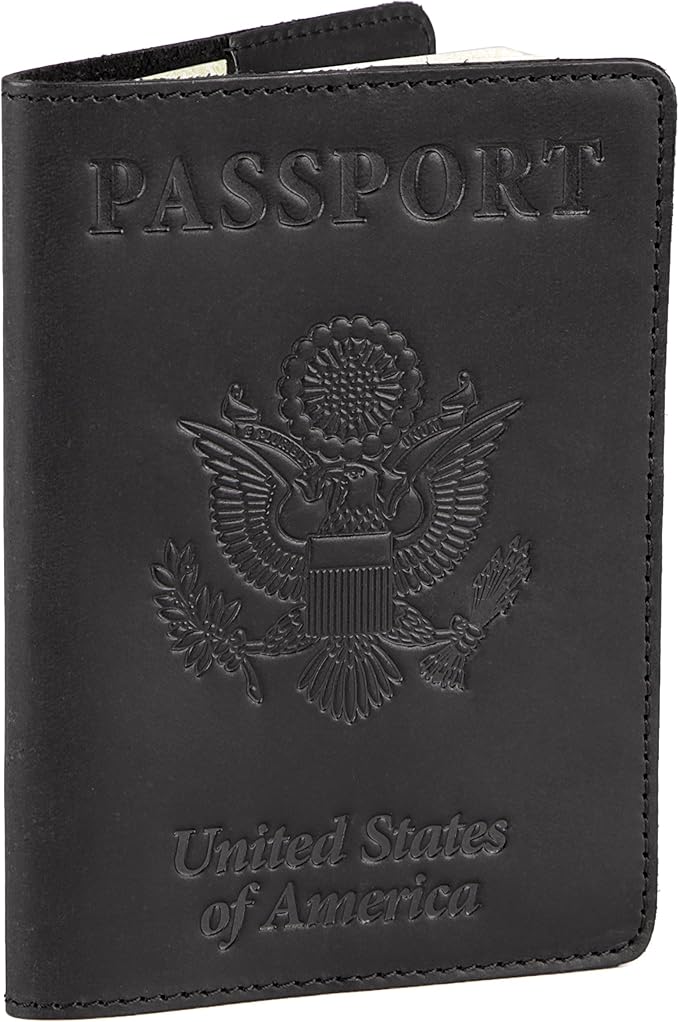 Shvigel US Leather Passport Book Cover - Thin American Travel Passport Holder - Premium International USA Passport Protector Case for Women Men (Black Vintage)