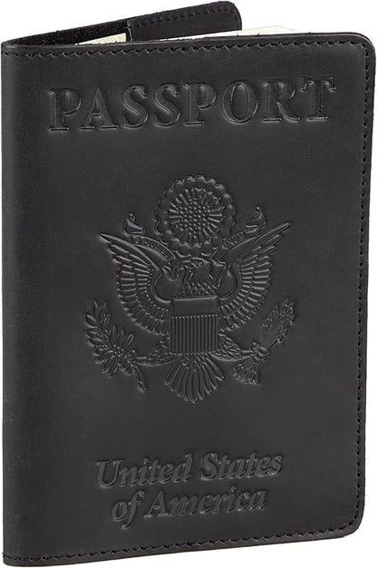 Shvigel US Leather Passport Book Cover - Thin American Travel Passport Holder - Premium International USA Passport Protector Case for Women Men (Black Vintage)