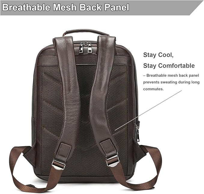 Durable Genuine Leather Backpack - 15.6 Inch Laptop Bag for Business Commute & Travel, Large Capacity Multi-Pocket Backpack for Men/Women, Coffee