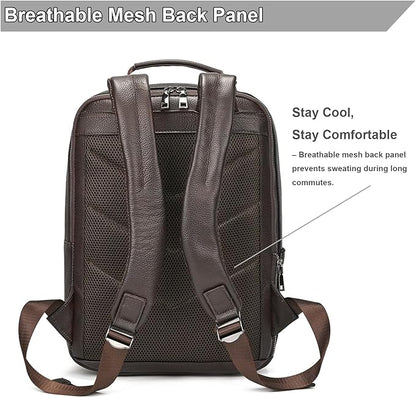 Durable Genuine Leather Backpack - 15.6 Inch Laptop Bag for Business Commute & Travel, Large Capacity Multi-Pocket Backpack for Men/Women, Coffee