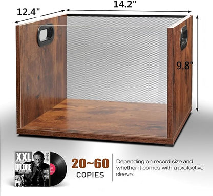 Vinyl Record Storage Crate 2 Pack, Holds up To 60 LPs, Album Visible Storage Box with Acrylic Front, Handle, Wooden Multi-Purpose Organizer for Records, Magazines and Books, Desktop and Home Office