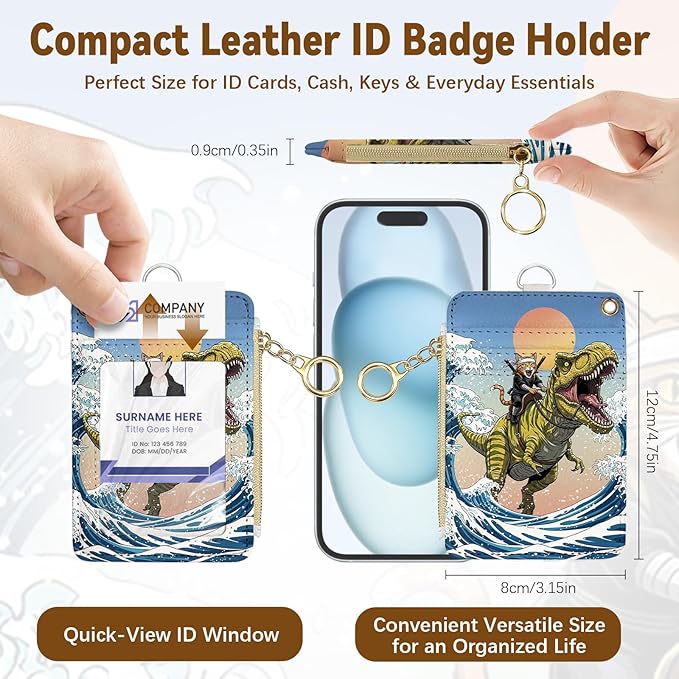 Funny Surfing Cat Riding Dinosaur Leather Badge Holder with Zipper Pocket, Work Lanyards and 1 Zip Pocket and 4 Card Slots, Cute Breakaway Lanyards with Metal Clasp for Boys, Adult