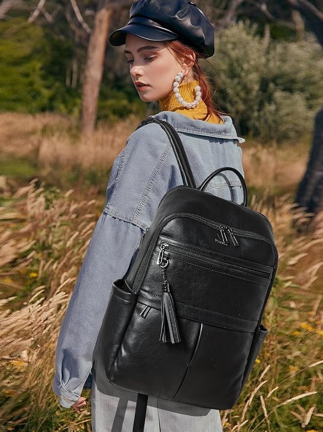 Leather Laptop Backpack for Women, 15.6" Causal Daypack Backpacks Purse Computer Backpack with Laptop Compartment for Travel Work College Business, Black