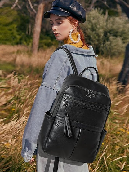 Leather Laptop Backpack for Women, 15.6" Causal Daypack Backpacks Purse Computer Backpack with Laptop Compartment for Travel Work College Business, Black