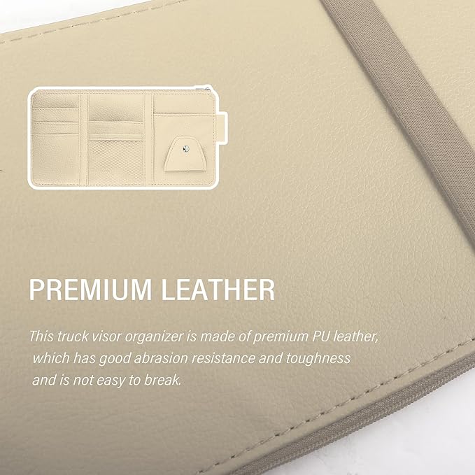 Car Visor Organizer with Sunglass Holder,Multi-Functional Car Sun Visor Organizer with Zipper for Cards,Money,Tickets,Leather Interior Accessories (Beige)