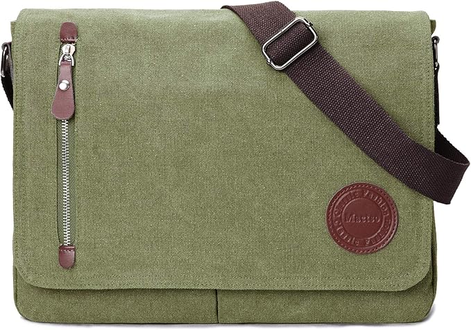 Mactso Vintage Canvas Messenger Bag for Men Women, 13.5 Inch Laptop Satchel Shoulder Bag with Multiple Pockets, Crossbody Bag for Work Travel College (Army green)