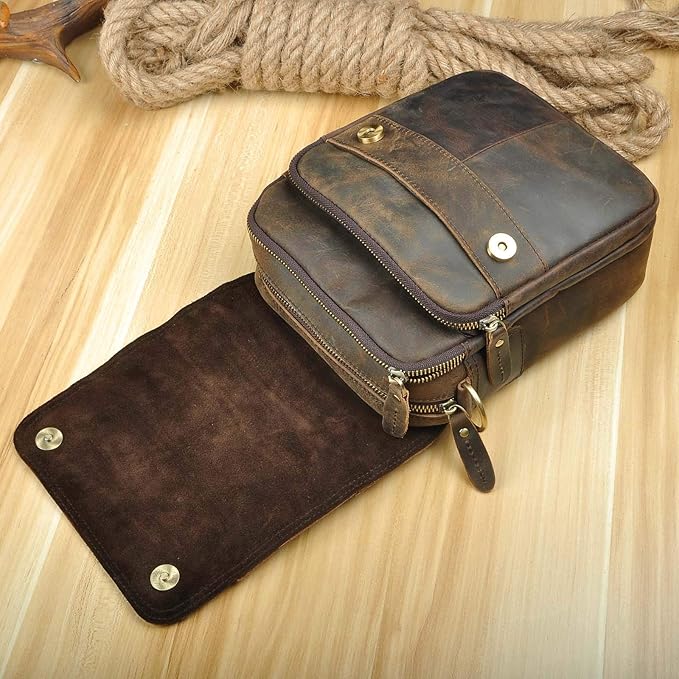 Le'aokuu Mens Genuine Leather Small Messenger Shoulder Satchel Phone Pouch Belt Waist Bag Pack