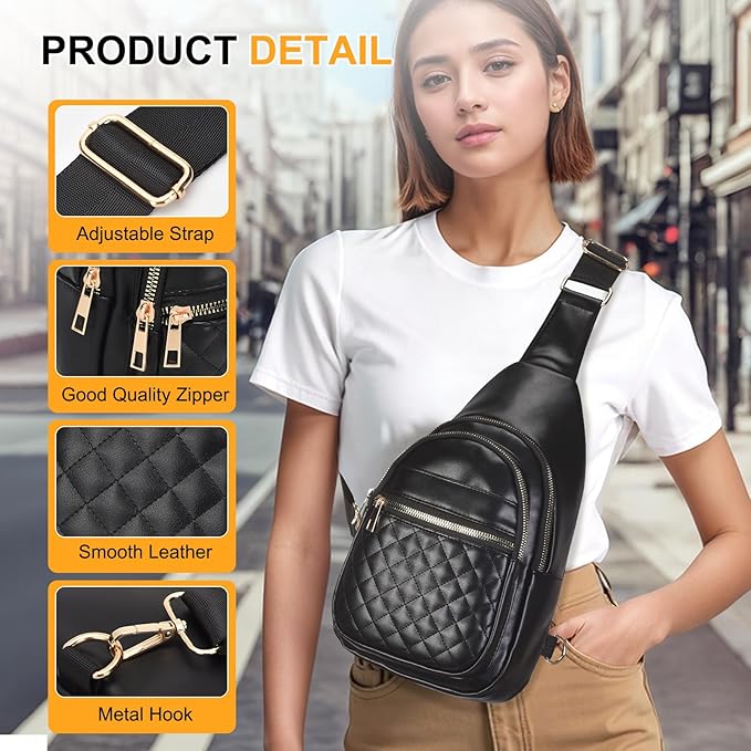 Crossbody Bags for Women Men,Leather Sling Bag Cross Body Backpack for Women, Casual Chest Bag Daypack for Travel Hiking,Black