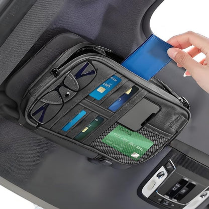 Multi-Purpose Car Visor Organizer with Sun Glass Holder & Card Holder,PU Leather Truck Visor Organizer with Multi-Pocket and Zipper,Universal Car Storage Organizers