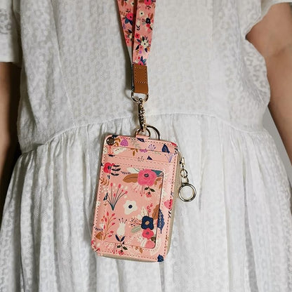 bolimoss Lanyard with Wallet,Zip ID Case with Lanyard,Lanyard Badge Holder,Lanyard Wallet for Women,Fashion Lanyard Wallet, ID Case Wallet with Lanyard（Pink Floral）