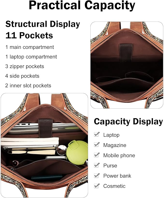 FADEON Leather Laptop Backpack for Women, Designer Ladies Work Travel Computer Backpack with Laptop Compartment Purse Brown