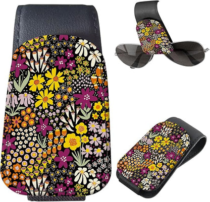 LKKDPS Sunglasses Holder for Car Visor, PU Leather Glasses Clip Organizer, Cute Magnetic Eyeglass Holder for Vehicle Sun Visor, Car Interior Accessory for Women & Men Wildflower Doodle Garden