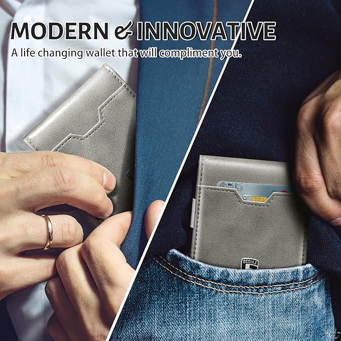 GSOIAX Men's Slim RFID Blocking Leather Wallet with Money Clip | Minimalist Carbon Fiber Bifold Credit Card Holder | 11 Card Slots | Gift Box Included(Leather Gray)