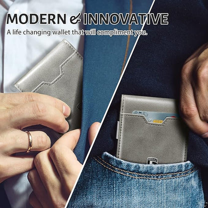 GSOIAX Men's Slim RFID Blocking Leather Wallet with Money Clip | Minimalist Carbon Fiber Bifold Credit Card Holder | 11 Card Slots | Gift Box Included(Leather Gray)
