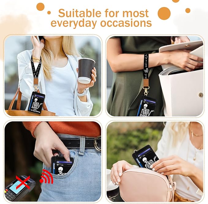 Yonlevres Skeleton Credit Card Holder Slim Wallet, RFID Wallet Women Front Pocket Wristlet Lanyard, Small Card Holder Travel Cute Thin Card Case ID Window PU Leather Funny Card Organizer Gifts Girls